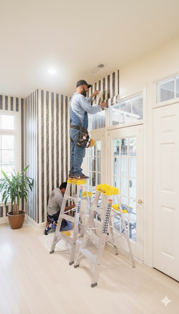 Workers installing striped wallpaper