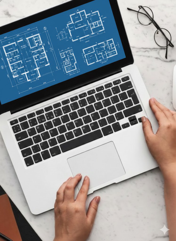 Laptop with architectural blueprints